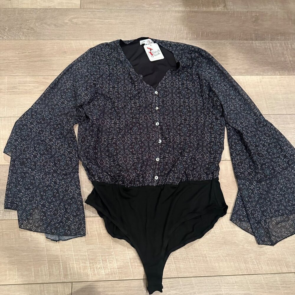 PERFECTLY PRICILLA WOMENS BLACK FLORAL BLOUSE BODY SUIT NEW 1XL